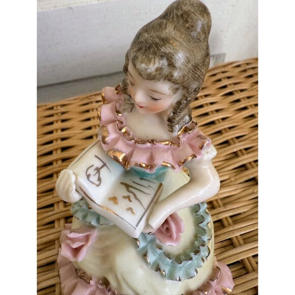 Vintage 50's Porcelain Victorian Girl Reading book Flowers Ruffles Victorian - Picture 2 of 12